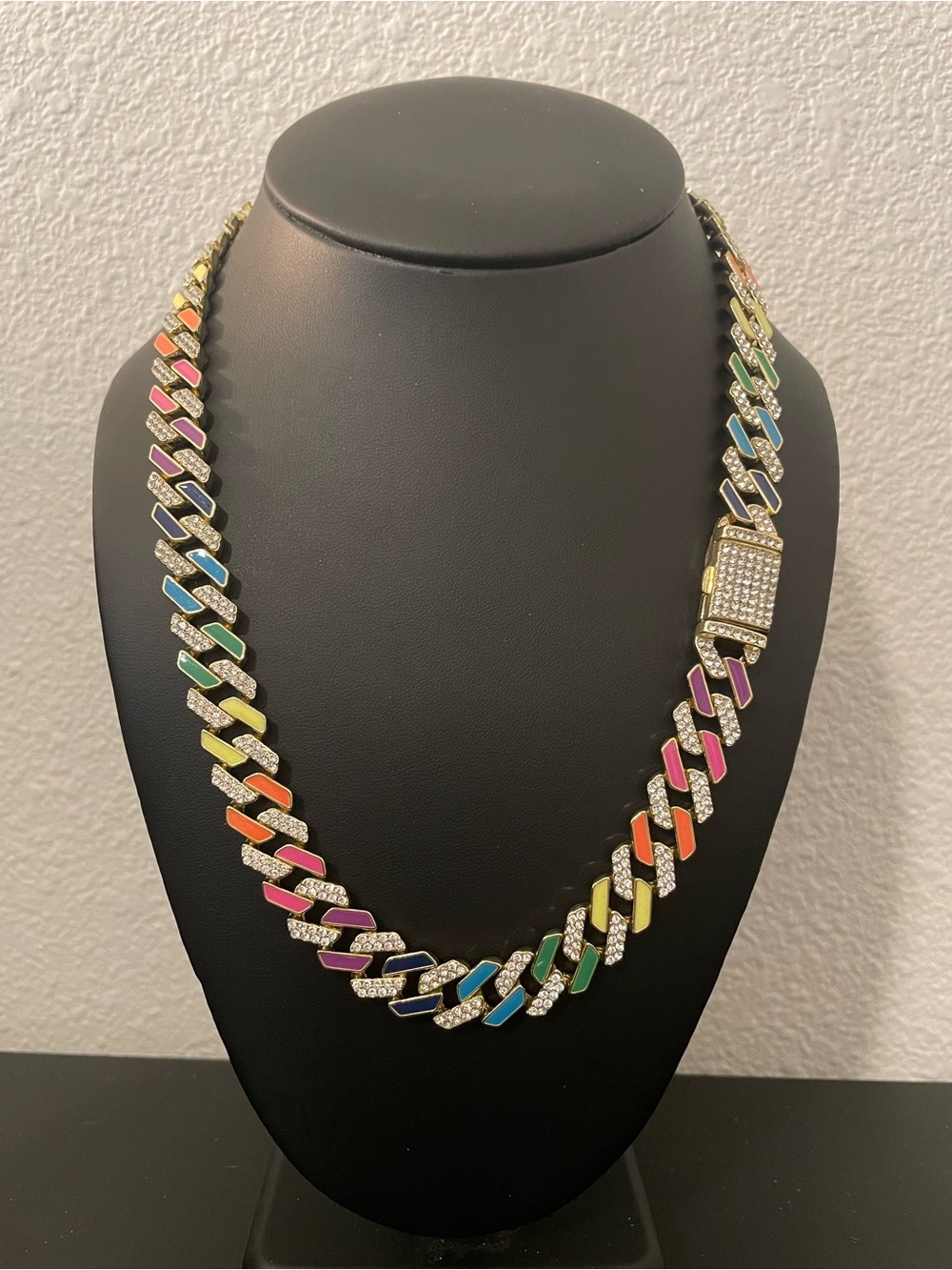 Chunky Iced Out Rainbow Enamel Cuban Link Chain Necklace
